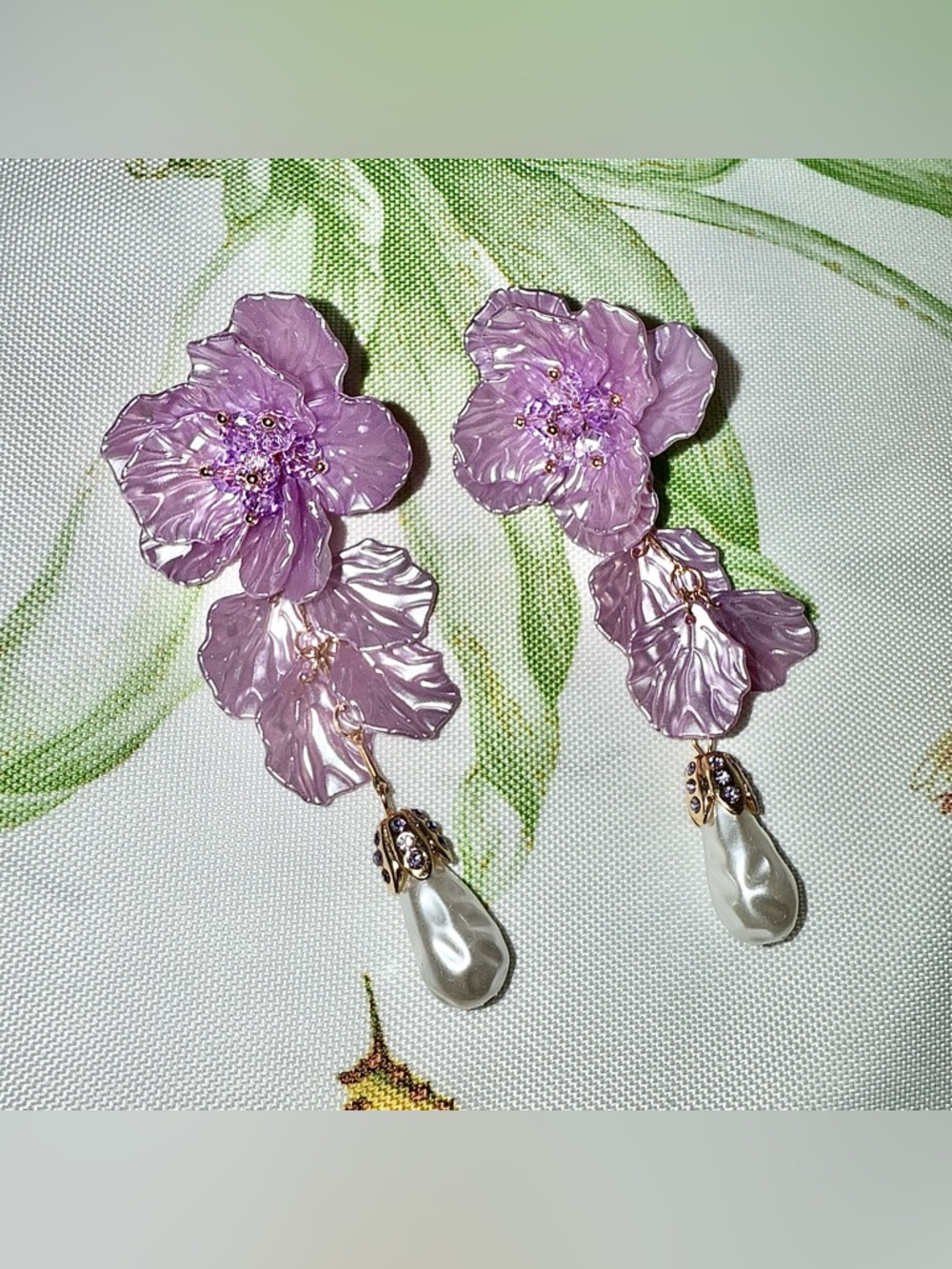 Purple Floral Statement Dangle Earrings with Pearl Drops